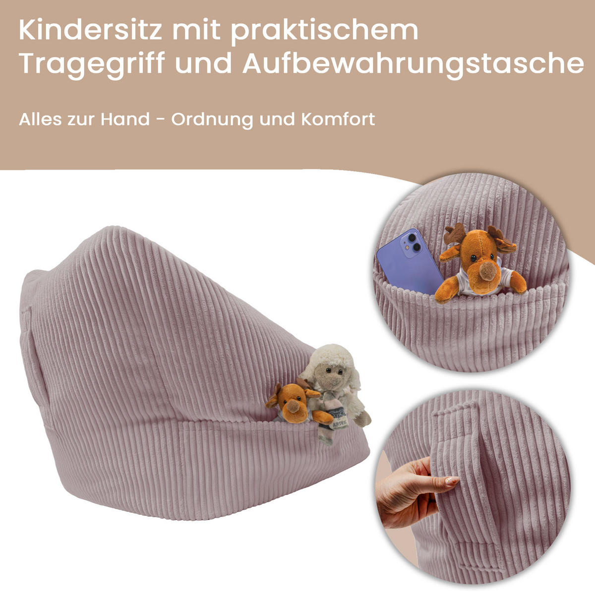 SITZSACK-SESSEL Bambino 55/60/55 cm, weicher Cord 380 g/m², mit Griff & Seitentasche, Rosa - Pink, Textil (55/55/60cm) - Dreamroots