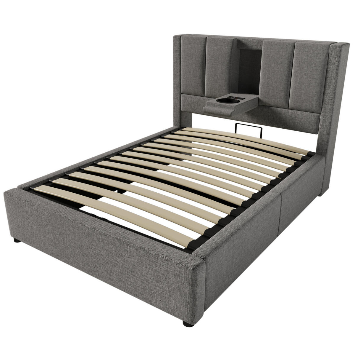 POLSTERBETT 90/200 cm mit Ladestation, verstecktem Becherhalter und hydraulischem Stauraum, Leinen, Grau - Grau, Textil (90/200cm) - Redom