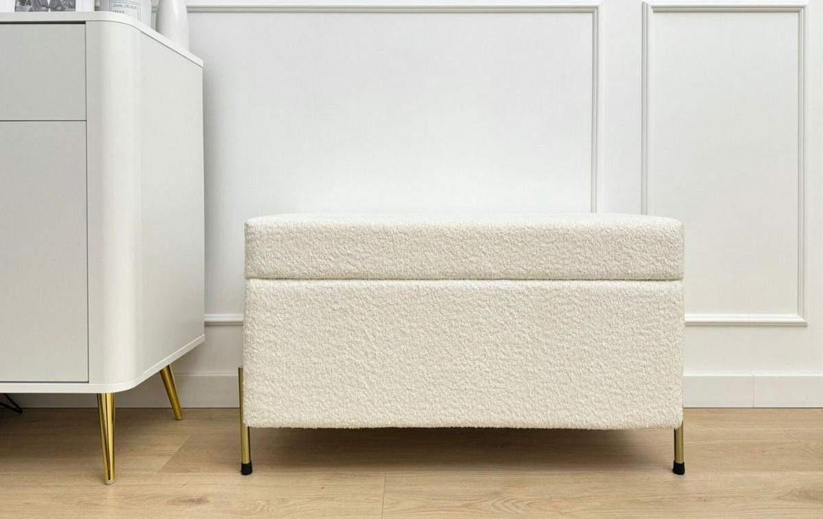 HOCKERBANK Borgo Mit Stauraum, Boucle Creme, Metal Gold - Ecru/Goldfarben, Holzwerkstoff/Metall (80/46/37cm) - Dancan