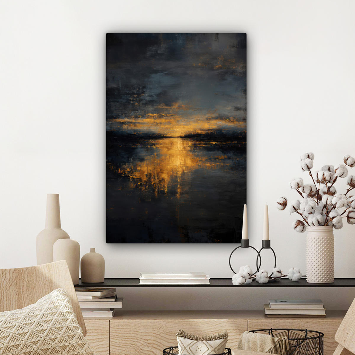 LEINWANDBILD Goldene Reflexion auf dem Wasser Wanddeko Schlafzimmer 60x90 cm - Anthrazit, Textil (60/90cm) - MuchoWow
