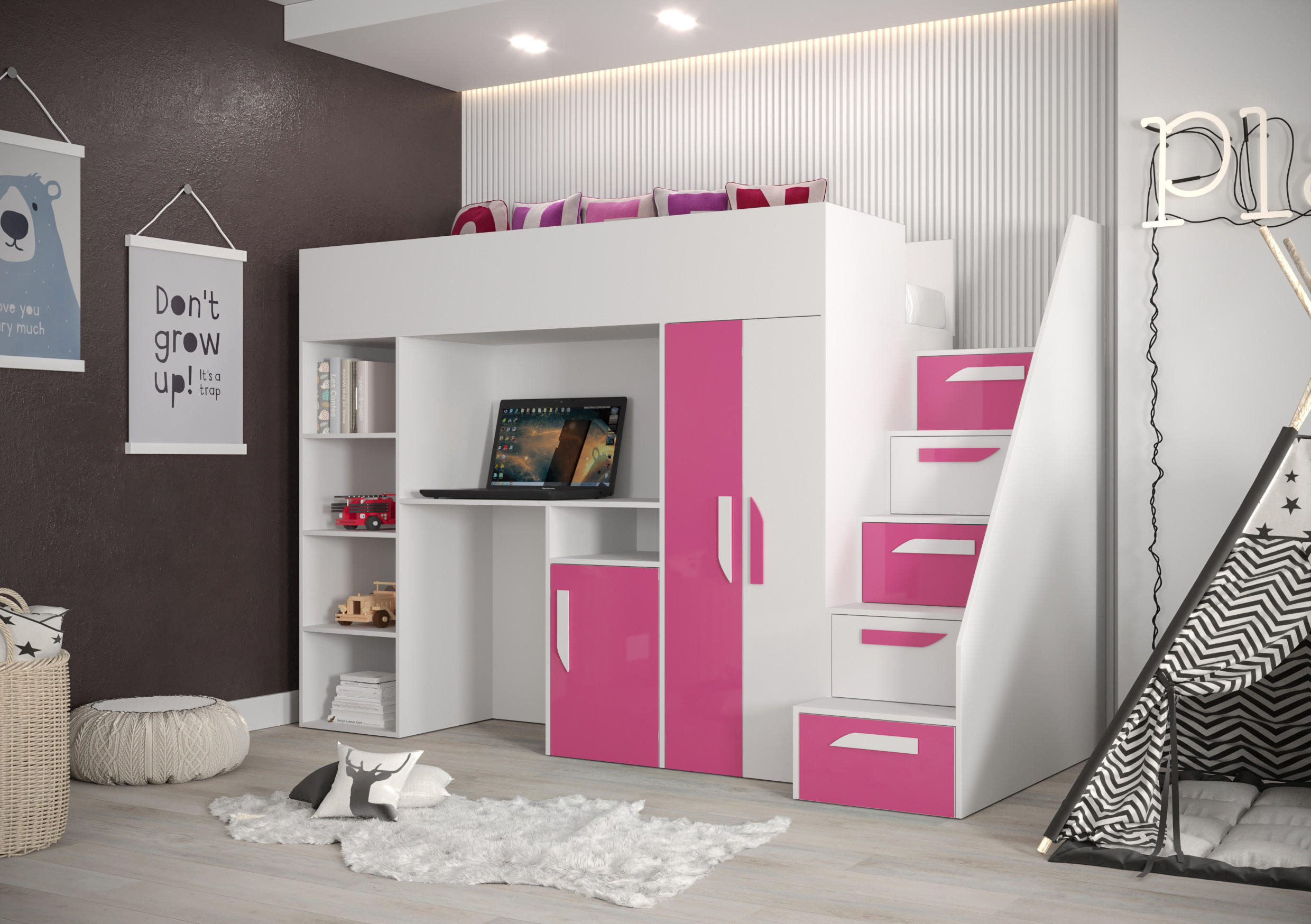 HOCHBETT mit Schreibtisch 90/200 cm - Pink/Weiß, Holz (90/200cm) - Abiks Möbel