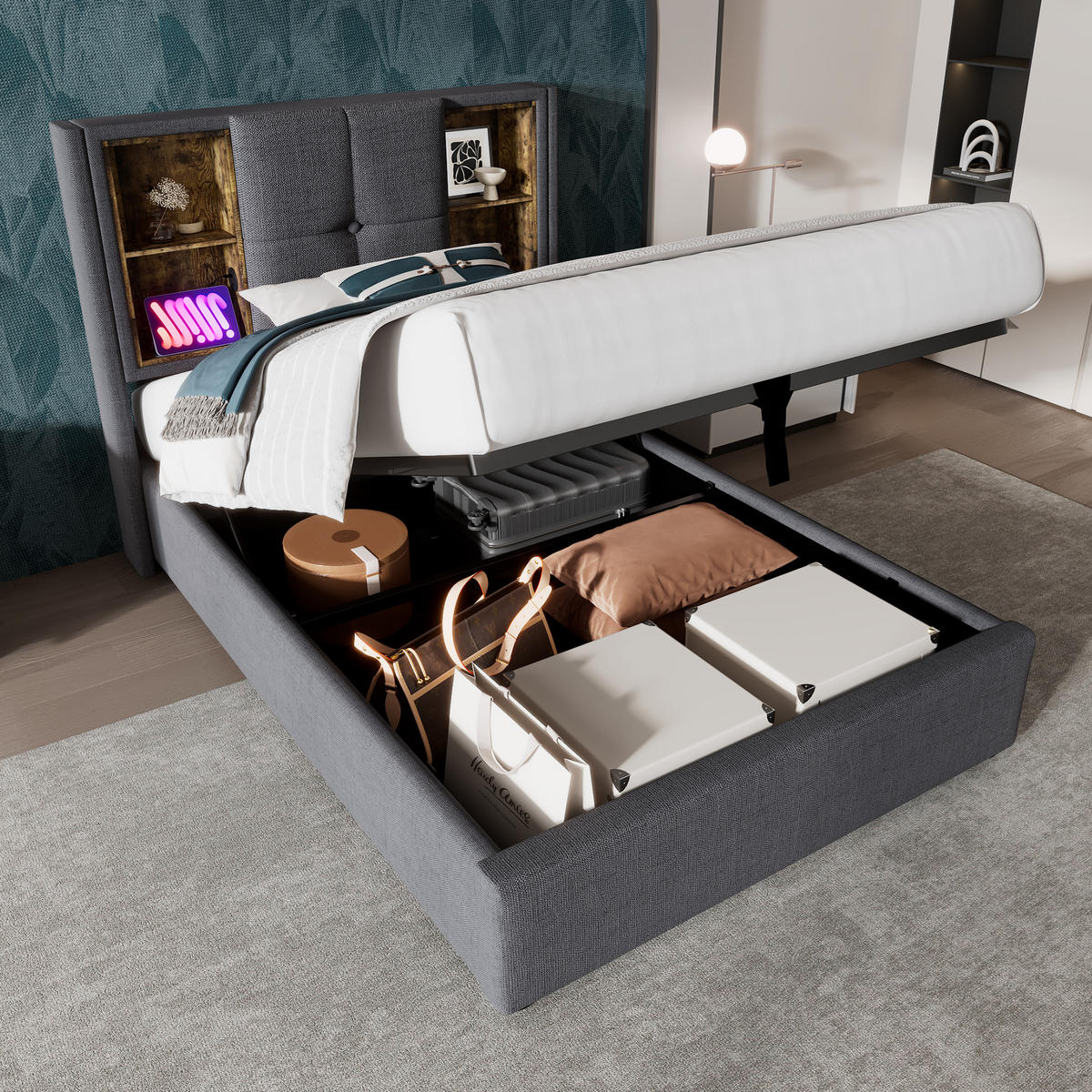 POLSTERBETT 90/200 cm mit Bettkasten (Gasdruckfeder) & Kopfteil mit Wireless Charging/USB/Typ C,Grau - Grau, Textil (90/200cm) - Redom