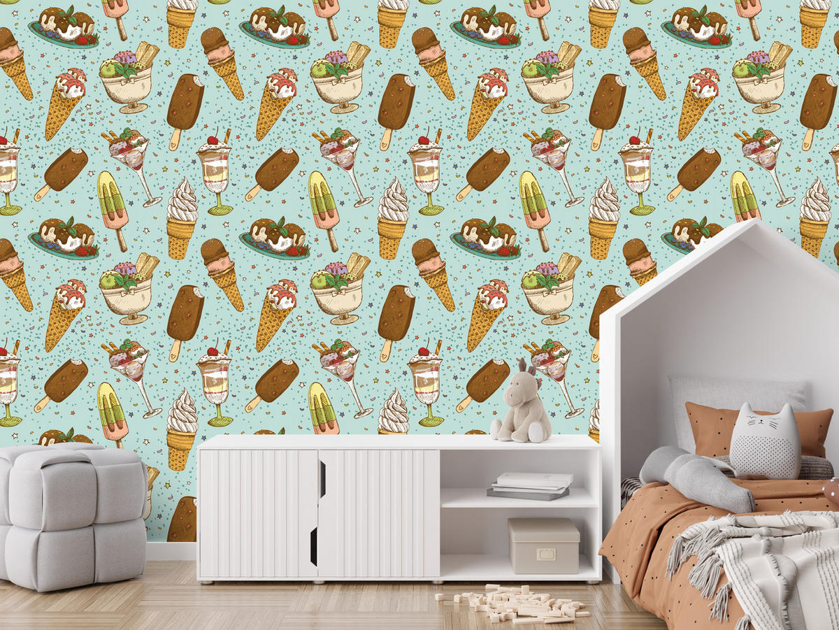VLIESTAPETE Eiscreme und Süßigkeiten – Bunt, Türkis – 50x1000 cm - Türkis/Multicolor, Papier (50/1000cm) - Muralo