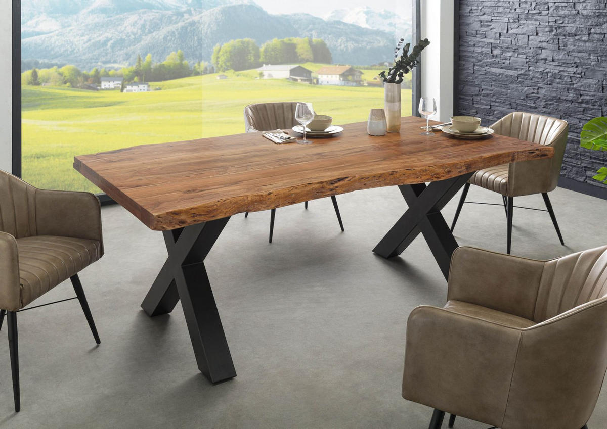 BAUMTISCH Akazie 220x100x77 Akazie natur lackiert / X-Beine anthrazit matt FREEFORM 5 - Naturfarben, Holz (220/100/77cm) - Massivmoebel24