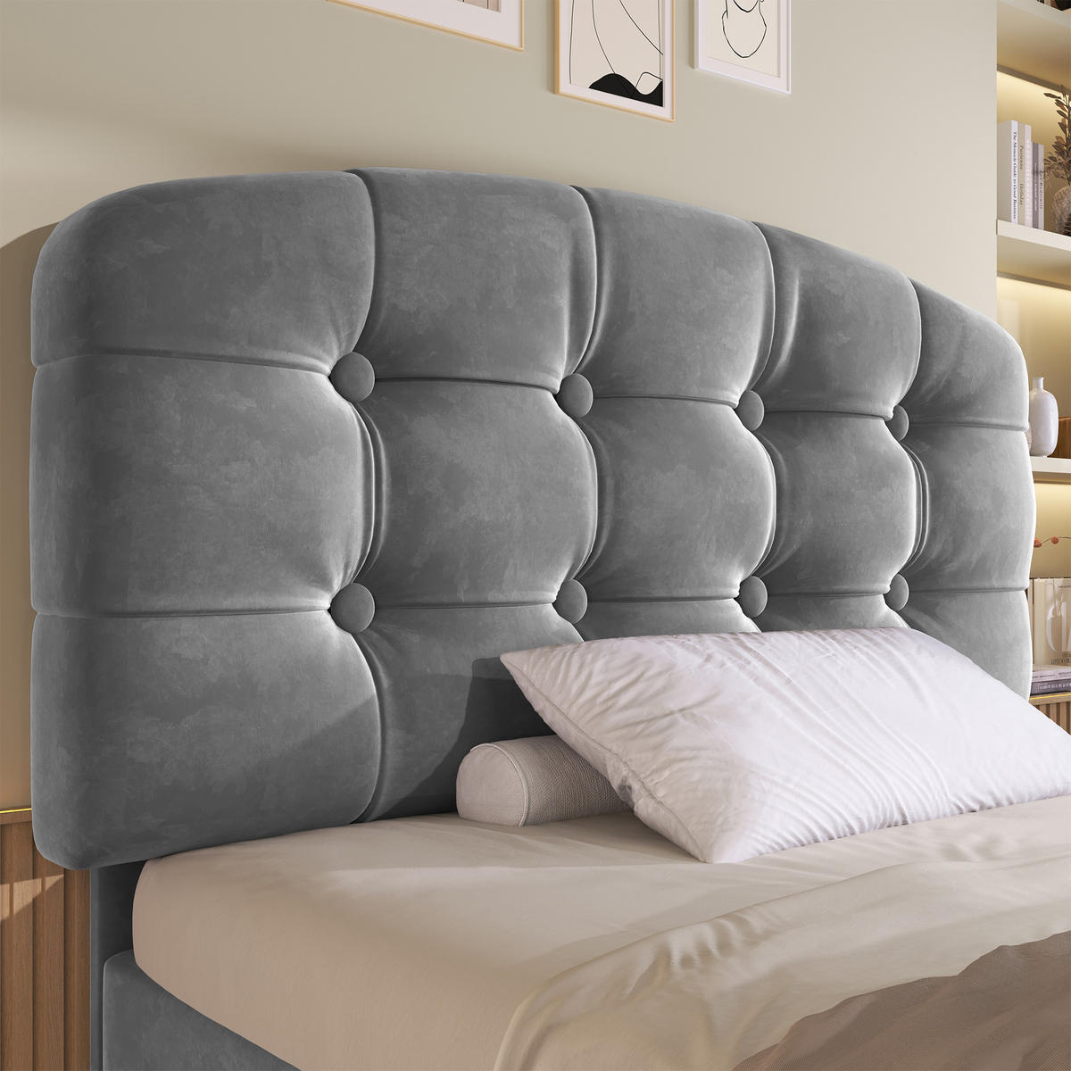 POLSTERBETT 90/200 cm in Grau Samt mit Schubladen, Regal und verstellbarem Kopfteil - Beige/Grau, Holzwerkstoff/Textil (90/200cm) - STILVORA