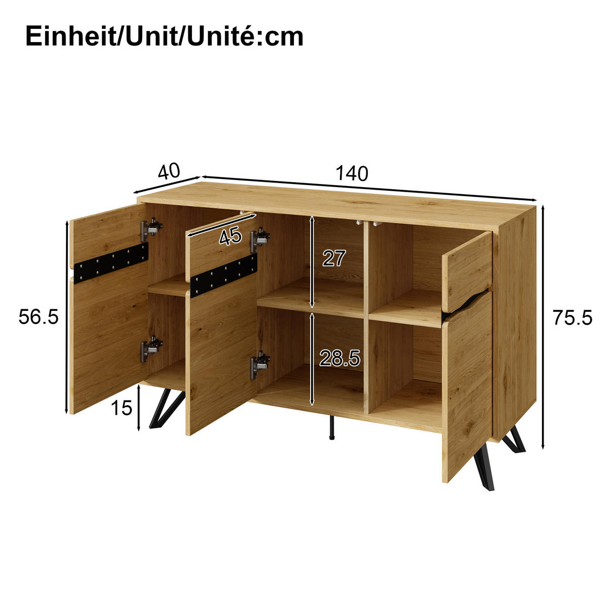 KOMMODE aus Spanplatte 140x40x75,5cm in Naturfarben - Naturfarben, Holzwerkstoff (140/75.5/40cm) - Modfu