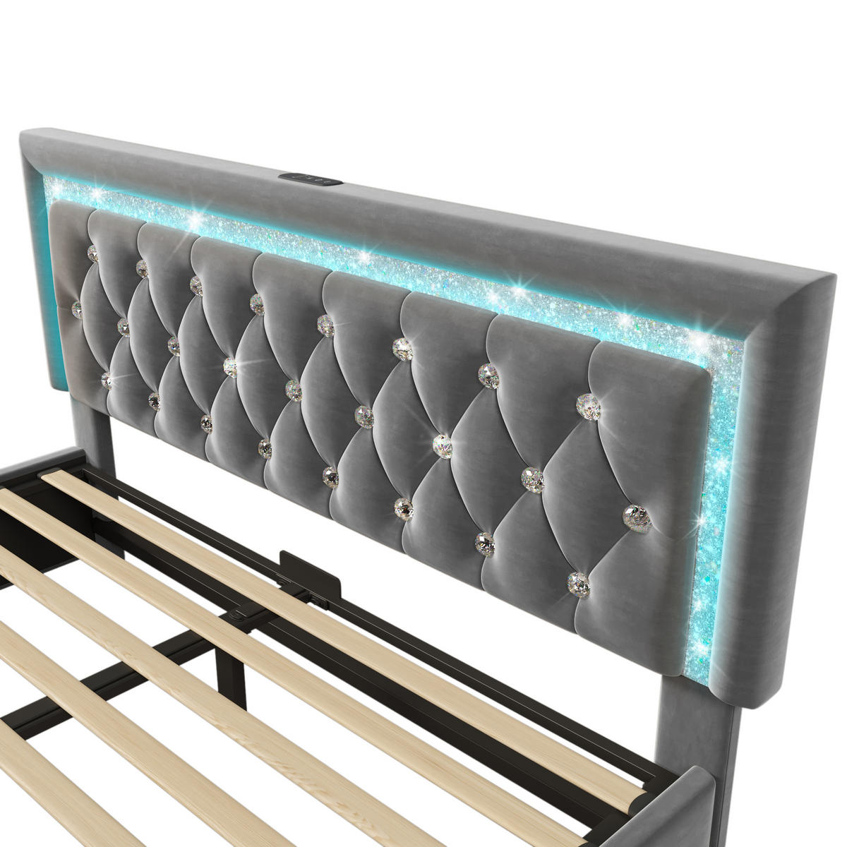 POLSTERBETT 140/200 cm mit LED-Beleuchtung, USB- und Type-C-Anschluss sowie Bettkasten, Samtbezug, Grau - Grau, Textil (140/200cm) - Redom