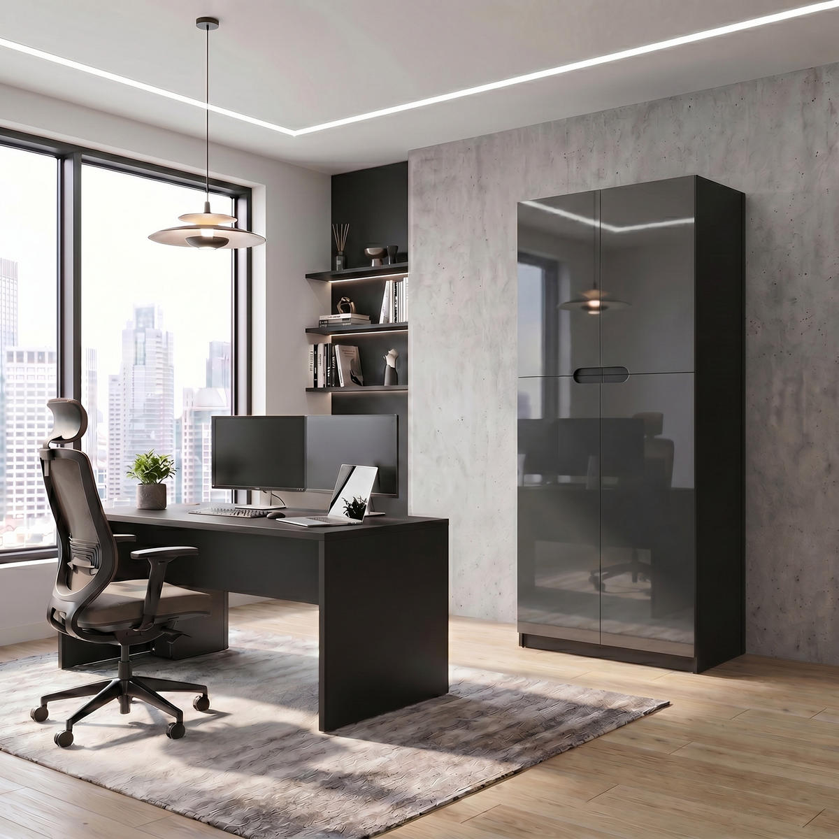BÜROSCHRANK Logan Fronten in Grau Hochglanz - Grau, Holzwerkstoff (82/184/37cm) - Vladon