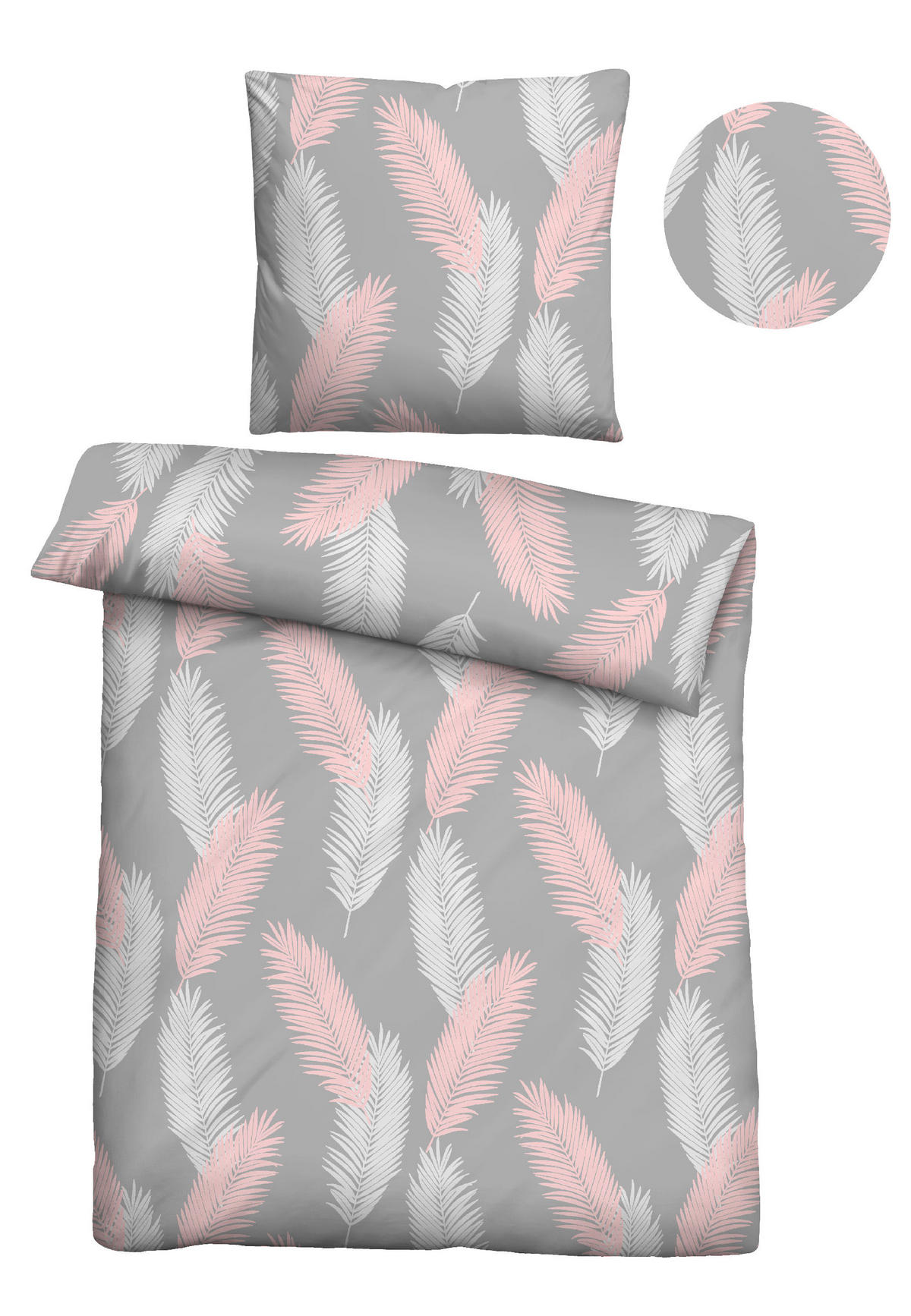 BETTWÄSCHE-GARNITUR Mikrofaser Palmblätter sturmgrau, 135x200 cm + 80x80 cm - Grau, Textil (135/200cm) - Castell