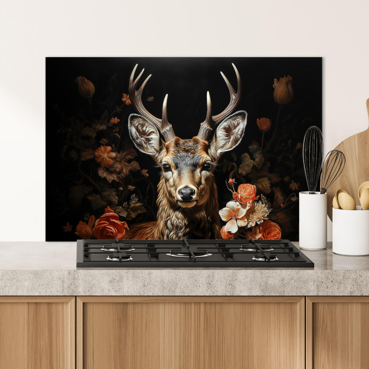 SPRITZSCHUTZ KÜCHE Hirsch - Tier - Blumen - Natur - Botanisch 80x55 cm - Kupferfarben, Metall (80/0.3/55cm) - MuchoWow