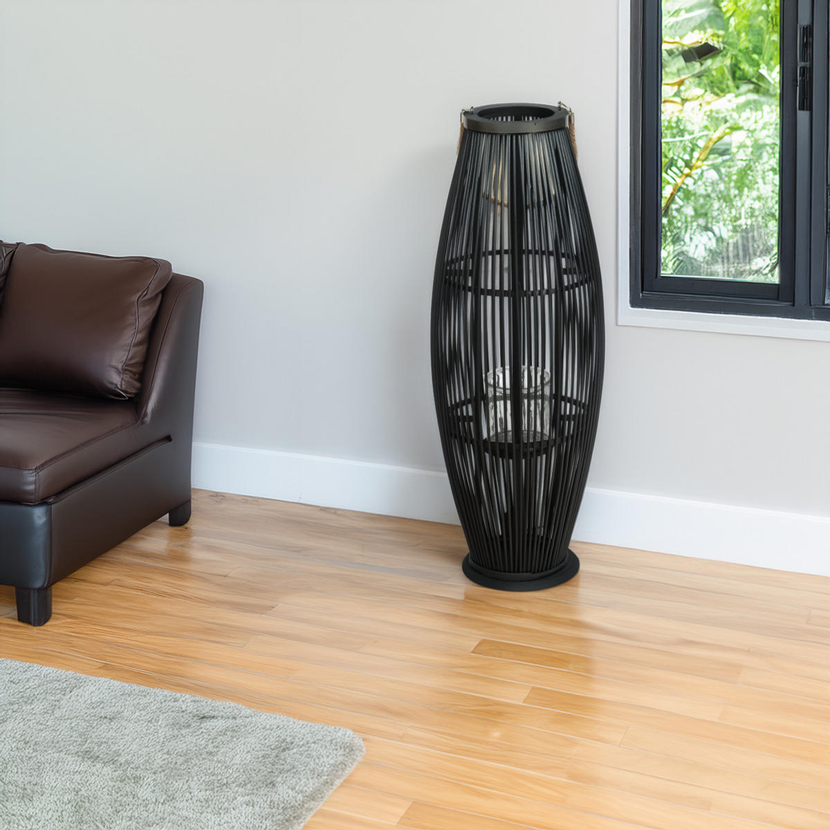 LATERNE Zya 80 Bambus, mit Henkel und Glaseinsatz schwarz - Schwarz, Holz (33/80/33cm) - CREEDWOOD