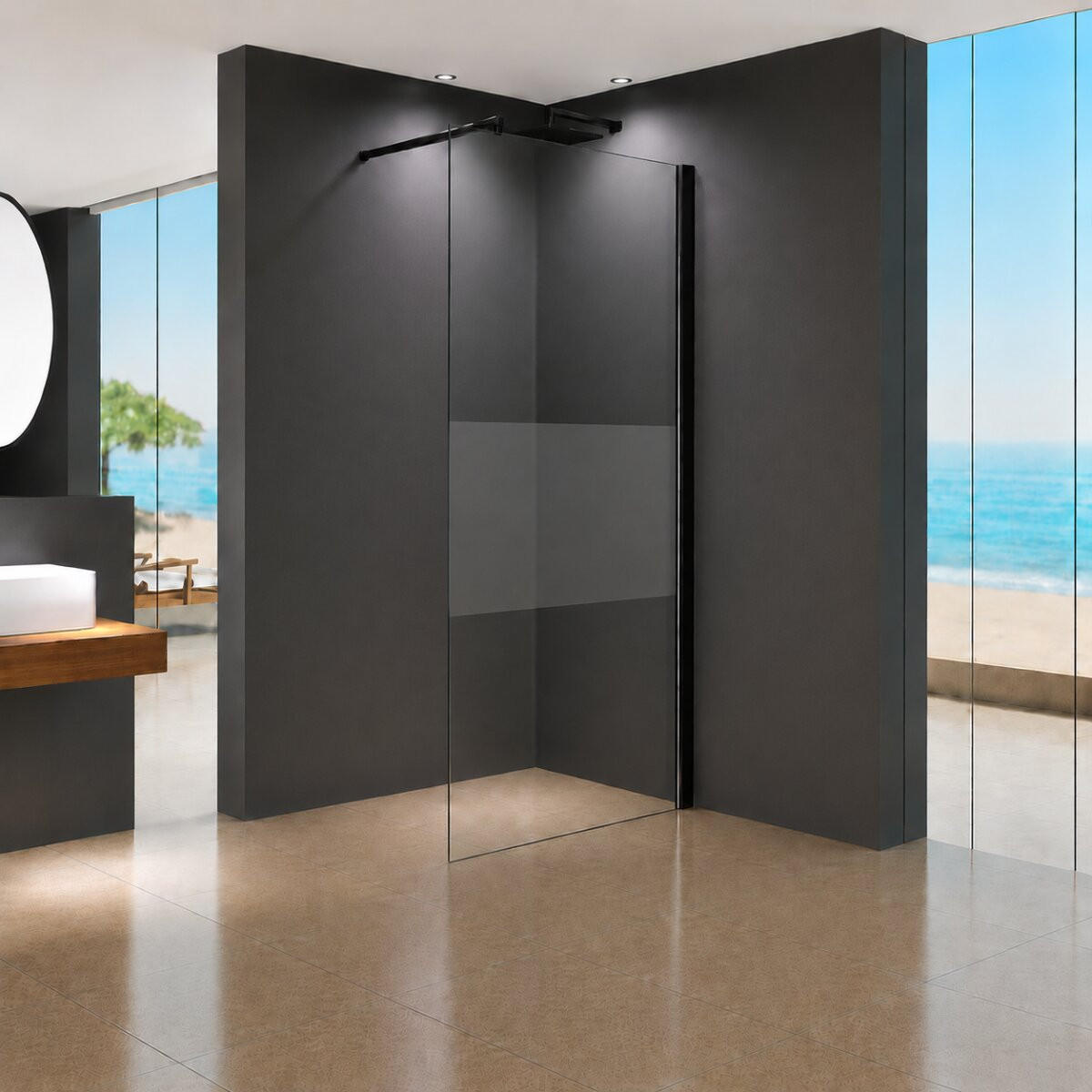WALK-IN-DUSCHWAND 140 × 200 cm – Teilsatiniertes ESG-Sicherheitsglas – Schwarz - Schwarz, Glas (10/140/200cm) -  Glaswerk Westfalen