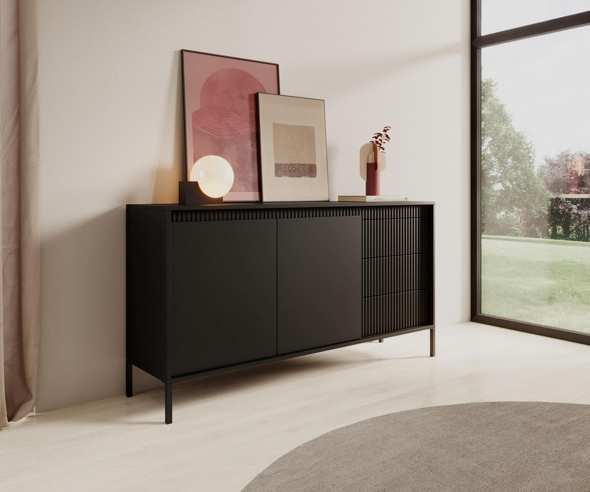 SIDEBOARD Ferrato B 153 cm Schwarz - mit 2 Türen und 3 geriffelten Schubladen rechts - Schwarz, Holz/Holzwerkstoff (153/81/39cm) - Ravio