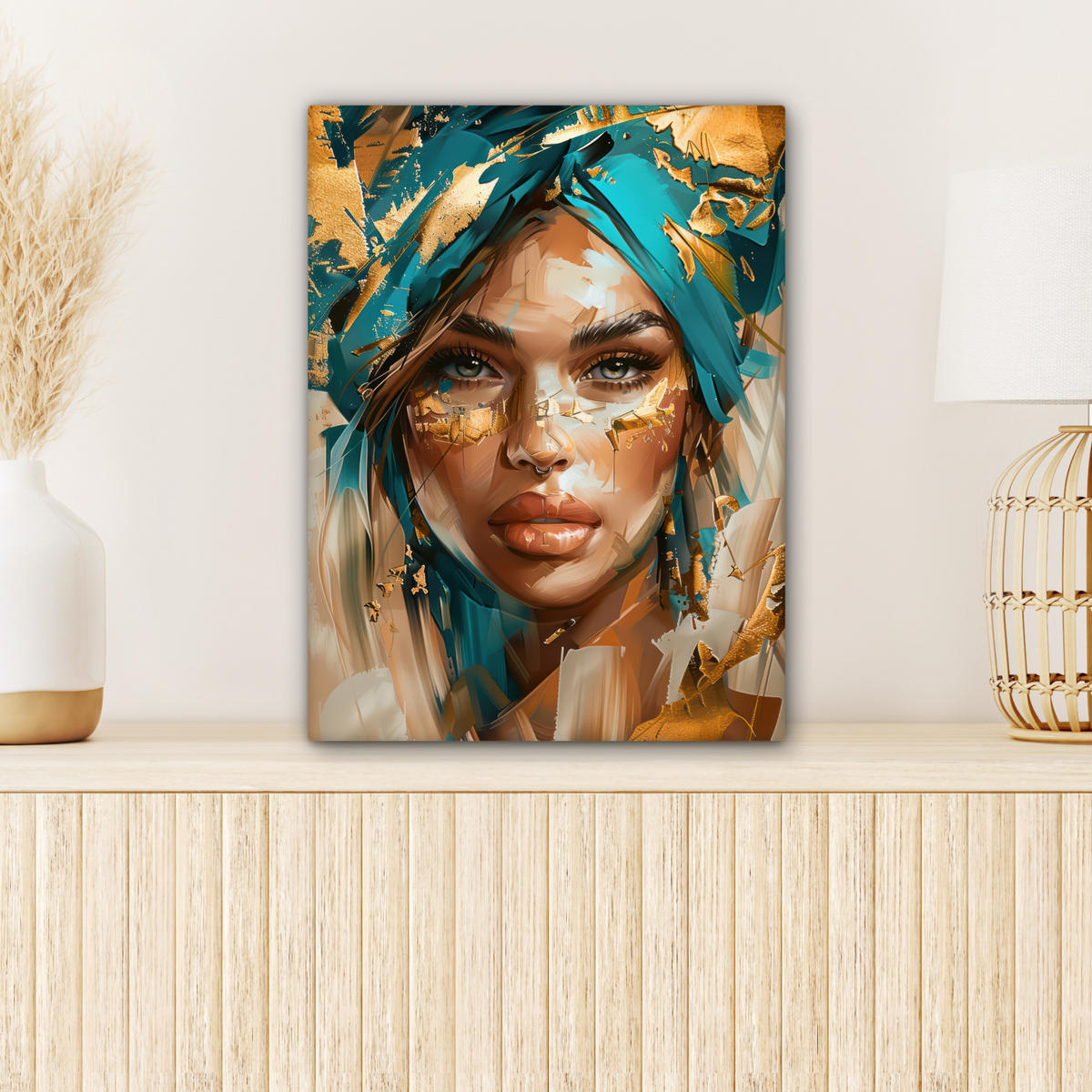 OBRAZ NA PLÁTNE Žena - Portrét - Zlato - Luxus - Modrá 30x40 cm - tyrkysová, textil (30/40cm) - MuchoWow