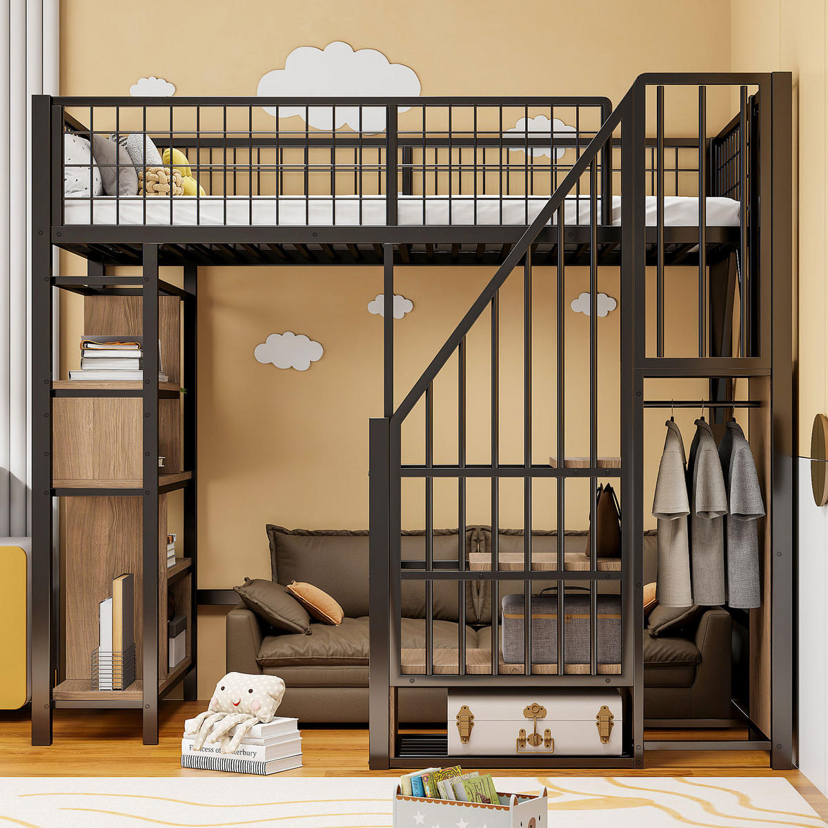 HOCHBETT 90/200 cm aus Metall und Holz mit Stauraumtreppe Schwarz - Schwarz, Metall (90/200cm) - Modenvie