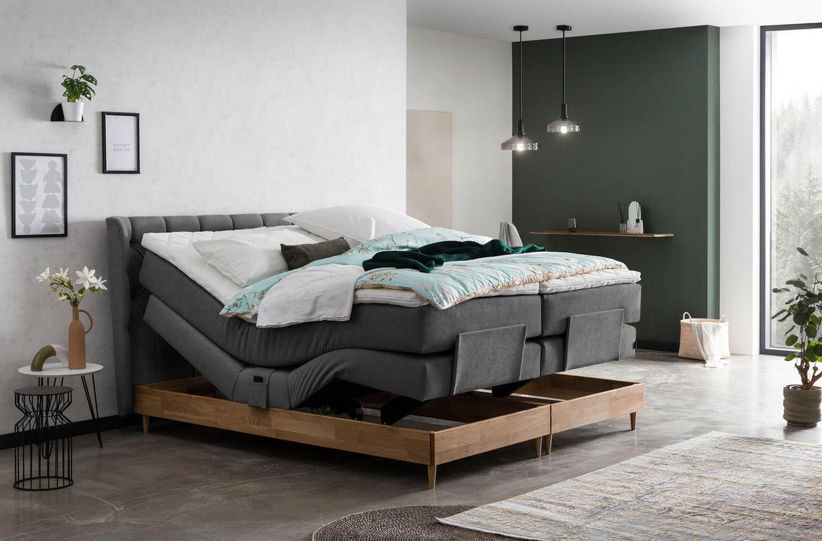BOXSPRINGBETT ELEKTRISCH VERSTELLBAR EON 160x200 Anthrazit H2 und H3 Bett mit Motor 7-Zonen TFK Matratze inkl. Visco Topper Motorbett mit Eiche - Anthrazit, Textil (160/200cm) - Belanoti