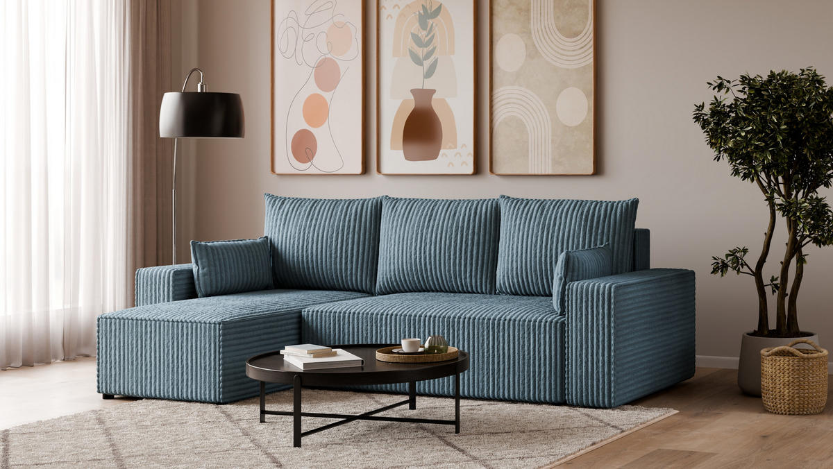 ECKSOFA Tobi mit Bettkasten und Schlaffunktion, L-Form, Cordstoff, Universal - Pastellblau, Holzwerkstoff (246/145cm) - 4ALL HOME