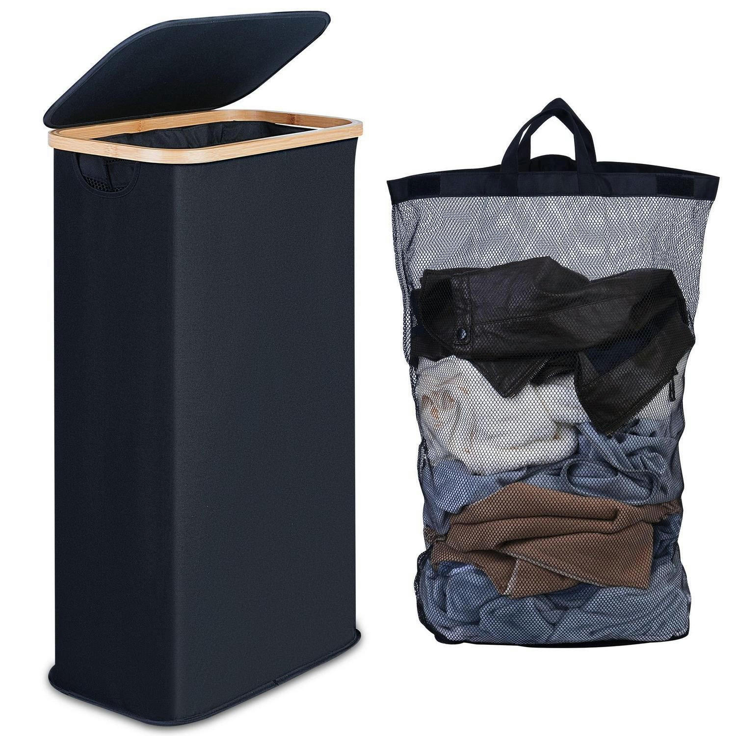 WÄSCHEKORB schmal 63L mit Deckel und herausnehmbarem Beutel - Schwarz, Naturmaterialien (20/70/40cm)