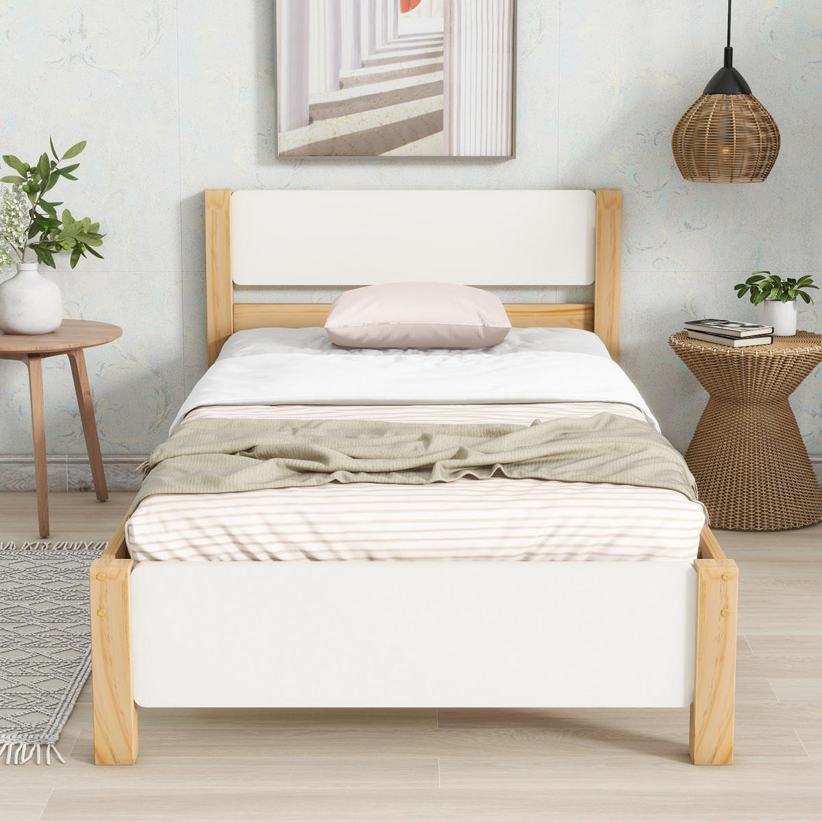 HOLZBETT 90x200 cm mit Kopfteil, Fußteil, Weiß-Natur - Weiß, Holz (90/200cm)