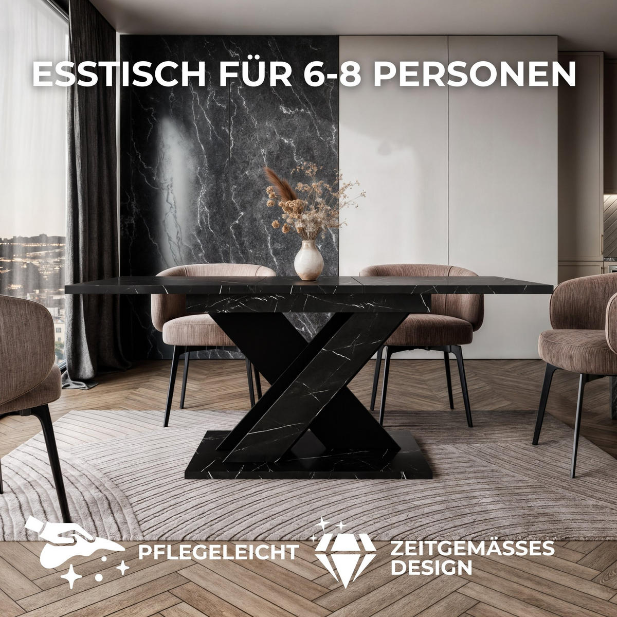 ESSTISCH Ausziehbar von 120 bis 160 cm in Schwarzen Marmor-Optik - Schwarz Hochglanz, Holzwerkstoff (80/160/75cm) - Home Collective