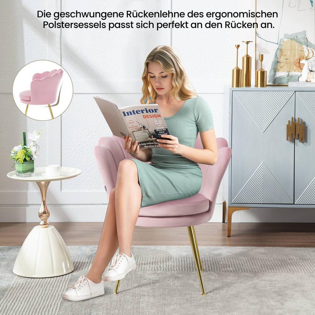 RELAXSESSEL Blumenform, Samtbezug, Rosa+Gold - Goldfarben/Rosa, Textil/Metall (68/75/62cm) - Woltu