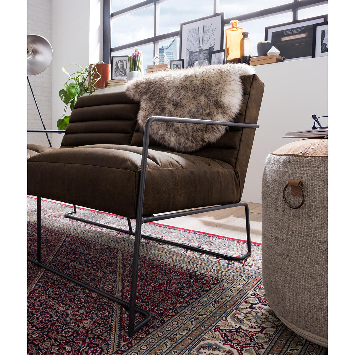 2-SITZER SOFA - Antiklederlook - Graubraun, Textil (121/81/78cm) - home24