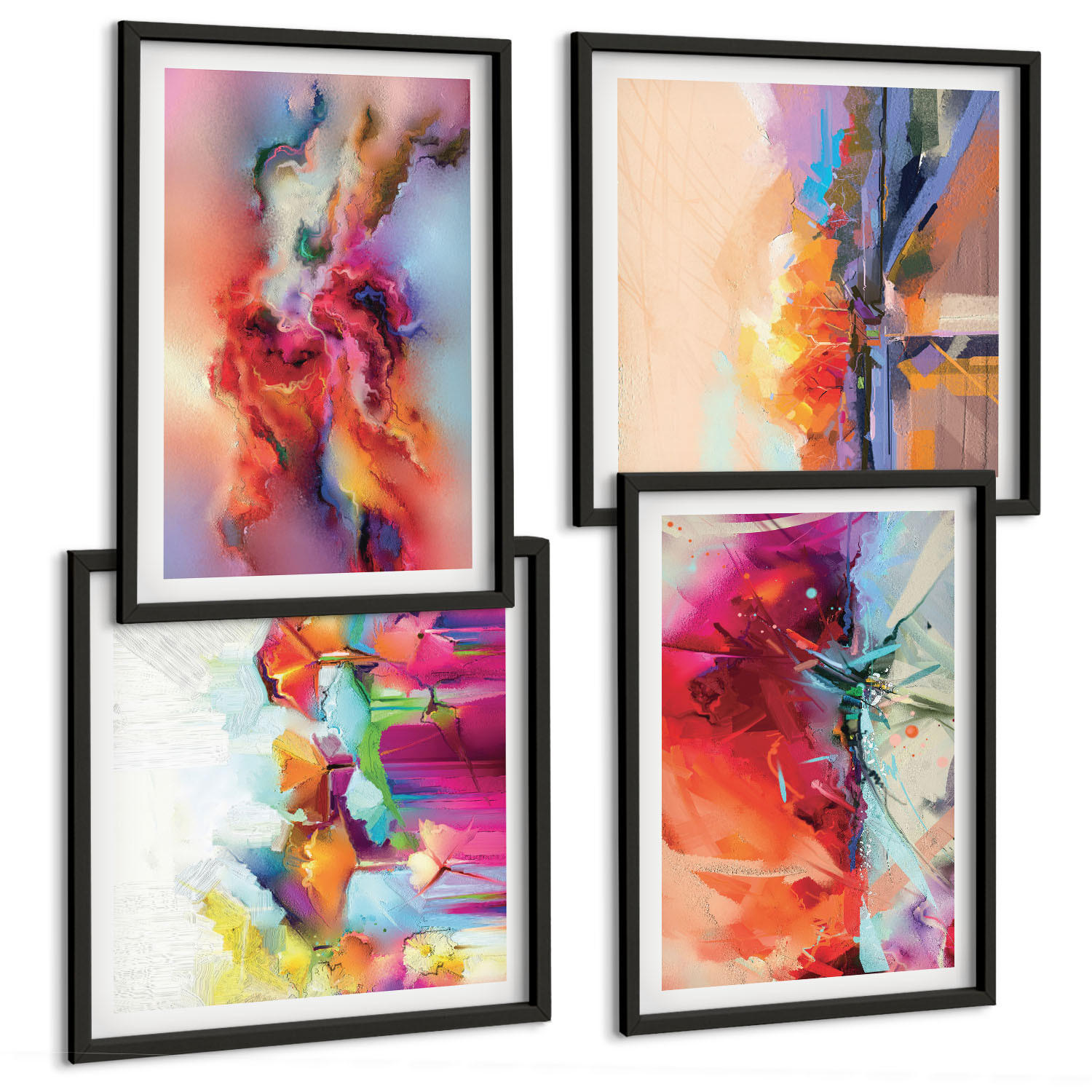 BILDER SET 4er Set - 50x50 cm & 40x60 cm Schwarzer Rahmen - Farbenfrohe Abstraktionen der Form - Schwarz, Kunststoff (50/50cm) - TULUP