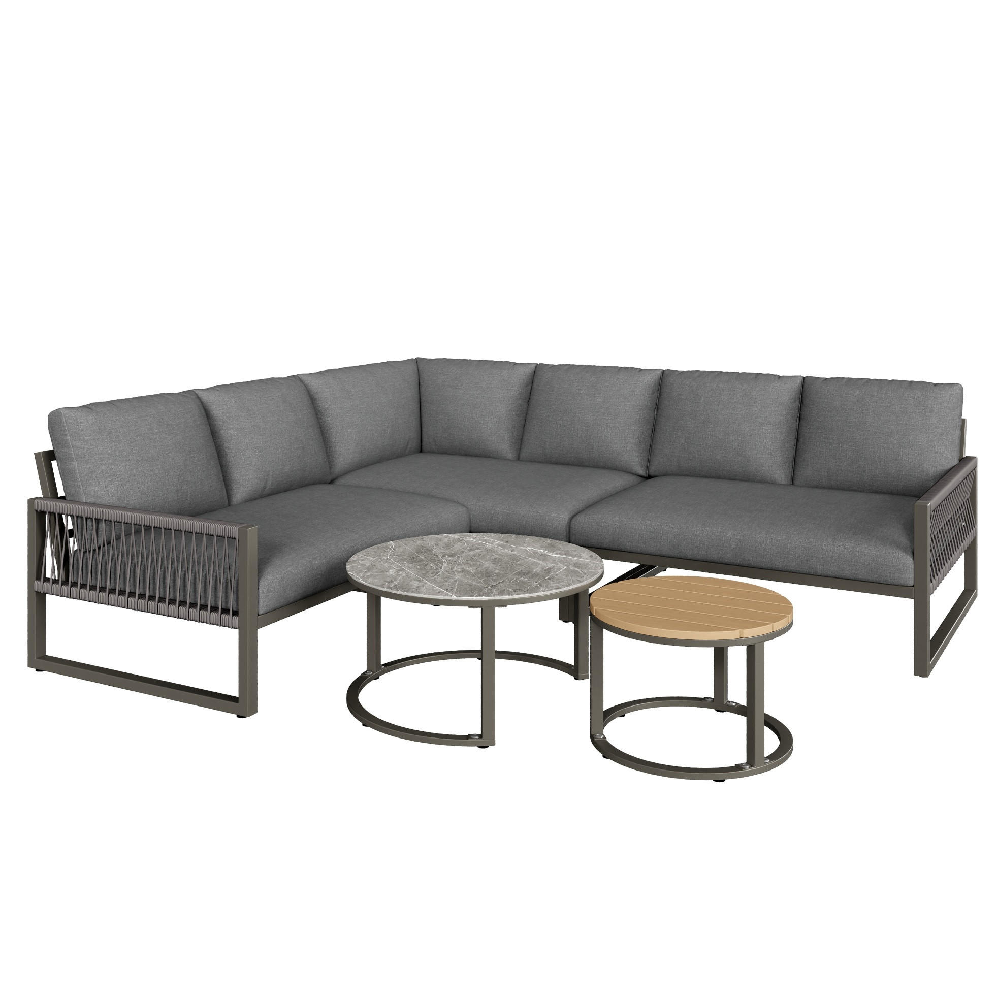 GARTEN-LOUNGE-SET 123/68/86 cm grau aus Metall und Polyester mit 2 Tischen - Grau, Metall - OKWISH