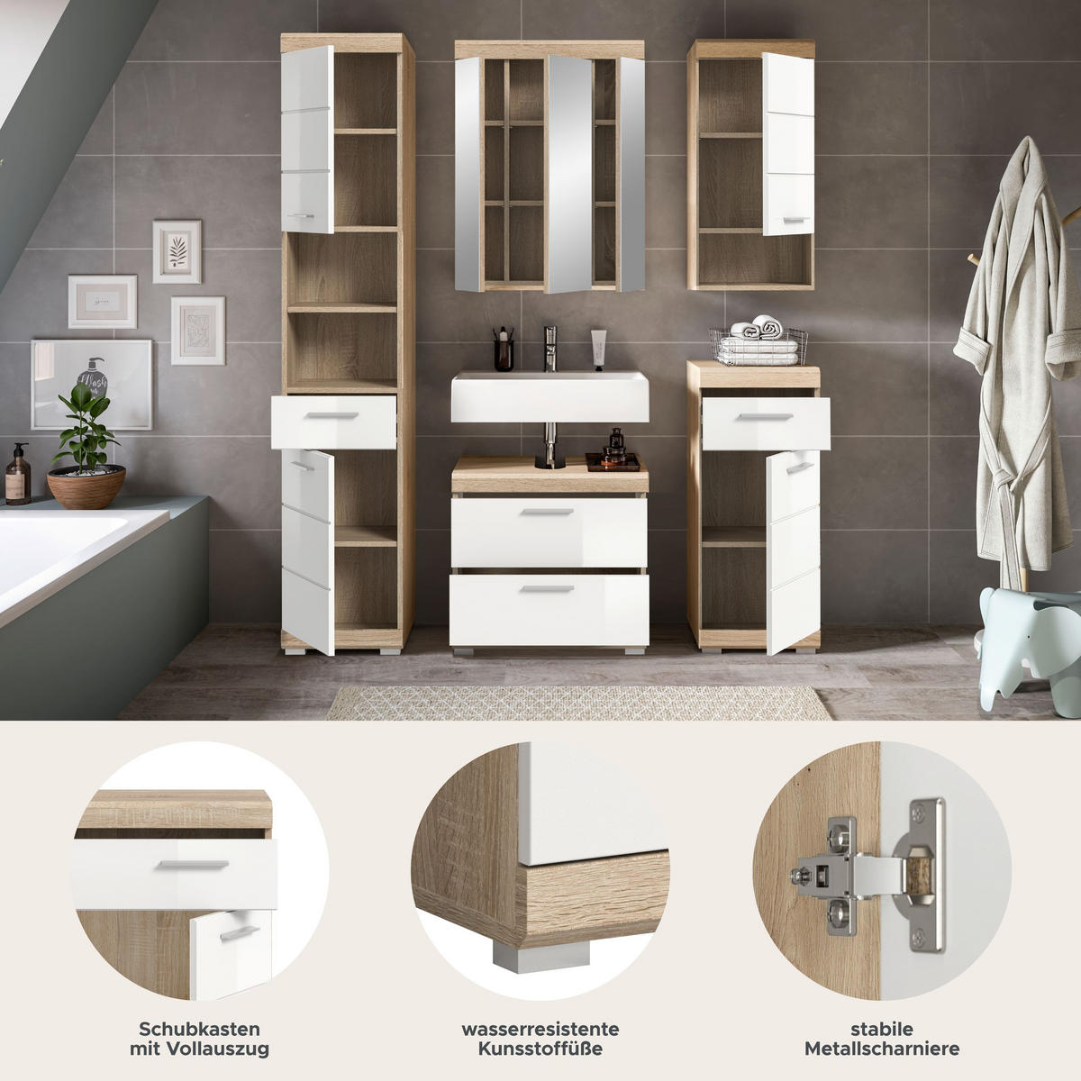 BADKOMBINATION 5tlg. Lambada Bad in Sonoma Eiche hell und weiß hochglanz B/H/T: 164x191x34 cm - Sonoma Eiche, Holz (164/191/37cm)