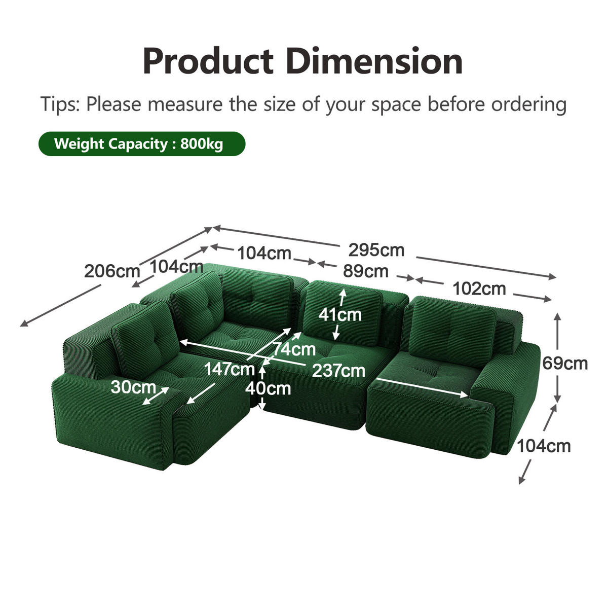 ECKSOFA modular Cord Grün - Grün, Kunststoff (104/382cm) - Meubliv