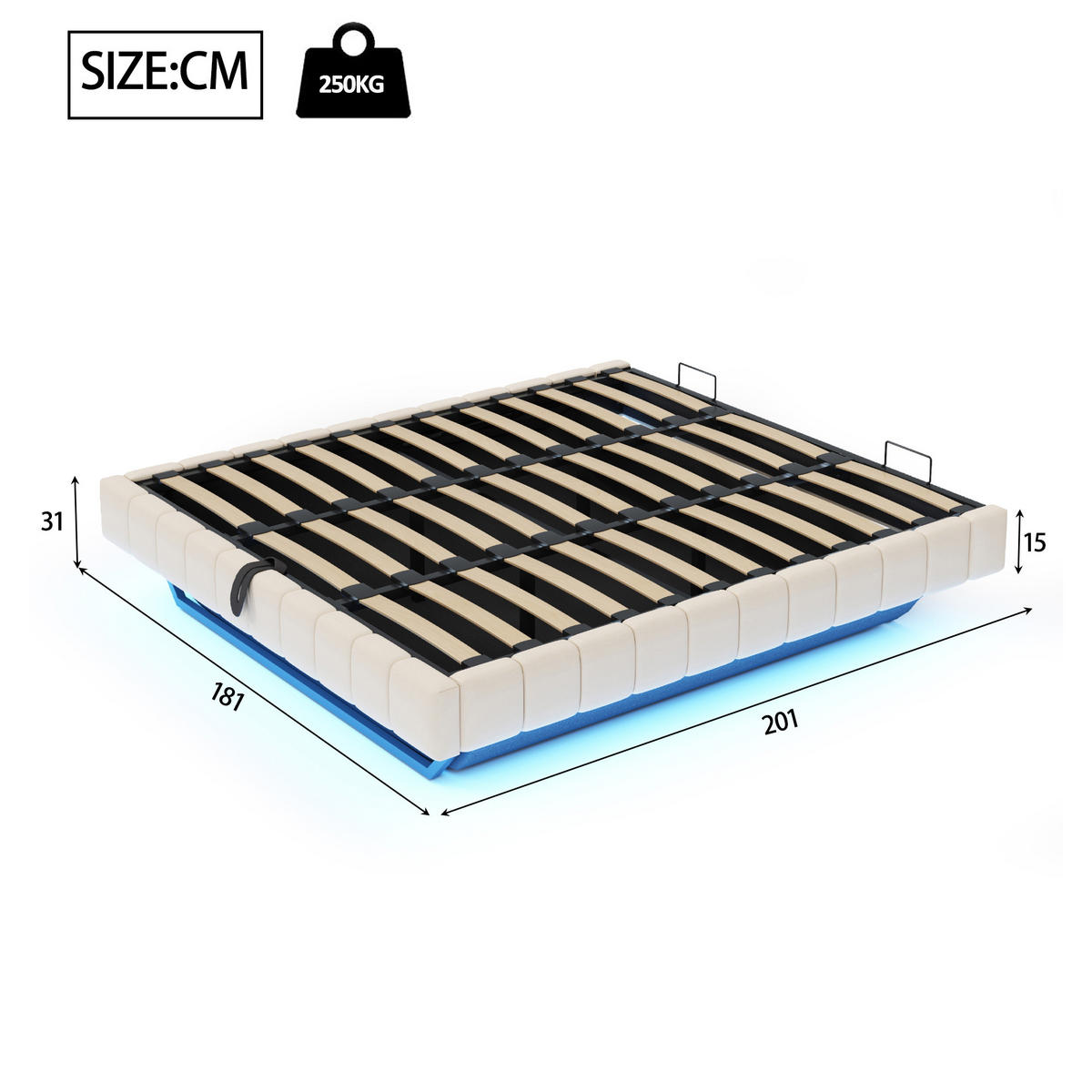 POLSTERBETT 180/200 cm Beige mit Stauraum und LED-Beleuchtung aus Leinen - Beige, Textil (180/200cm) - OKWISH