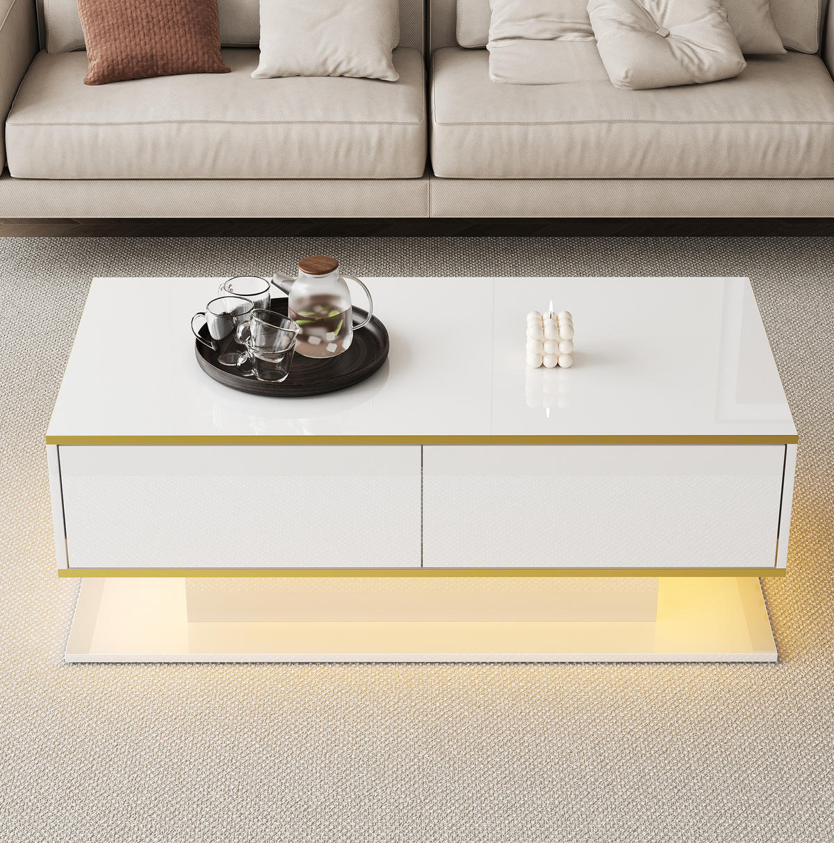 KONFERENČNÍ stolek z dřevotřísky, 100/50/40 cm bílá/zlatá, s LED osvětlením a 3 zásuvkami - bílá, kompozitní dřevo (100/50/40cm) - BEAOK