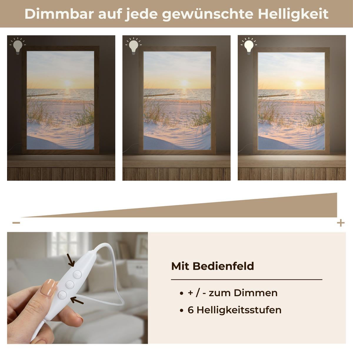 STOLNÍ LAMPA Pláž - Slunce - Duna - Tráva - Písek - Horizont 20x30 cm - koňaková, kompozitní dřevo (8/20/30cm) - OnlyWow