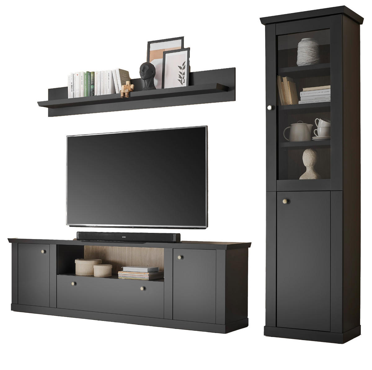 WOHNWAND schwarz matt, Eiche 3-teilig 270 cm, Wohnkombination mit Soft-Close - Eichefarben/Messingfarben, Glas/Holzwerkstoff (270/200/42cm) - Furn.Design