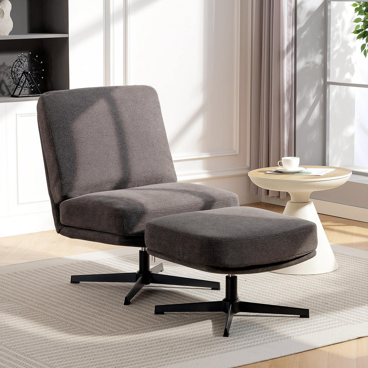 SESSEL mit Hocker Drehbar Loungesessel mit Leinenoptik für Wohnzimmer Dunkelgrau - Dunkelgrau/Schwarz, Textil/Metall (68/93/91cm) - HOMCOM