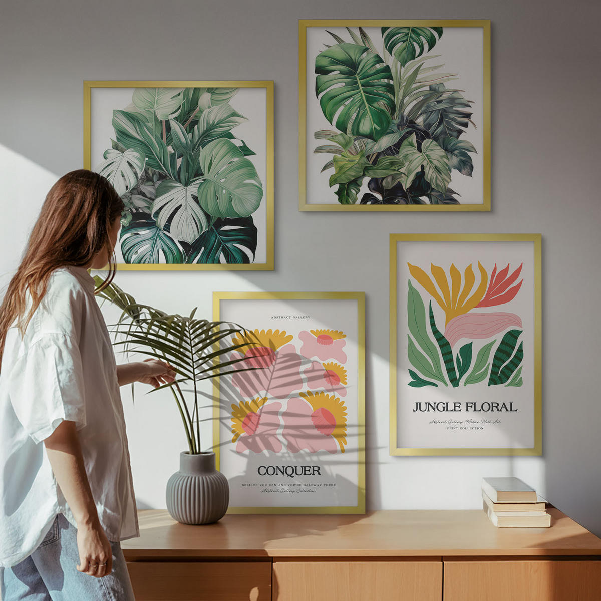 BILDER SET 4er Set - 50x50 cm & 40x60 cm Goldrahmen - Blumen und Blätter – moderne Poster - Goldfarben, Kunststoff (50/50cm) - TULUP
