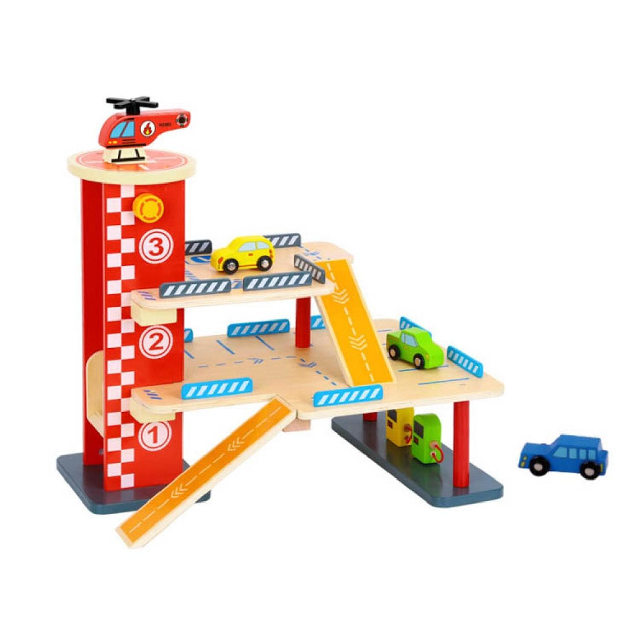 SPIELZEUG Parkhaus TL698 bunt Holz, 22-teilig, 3 Etagen, Tankstelle, 3 Autos, Landeplatz, Rampe - Multicolor, Holz (30/50cm) - Tooky Toy