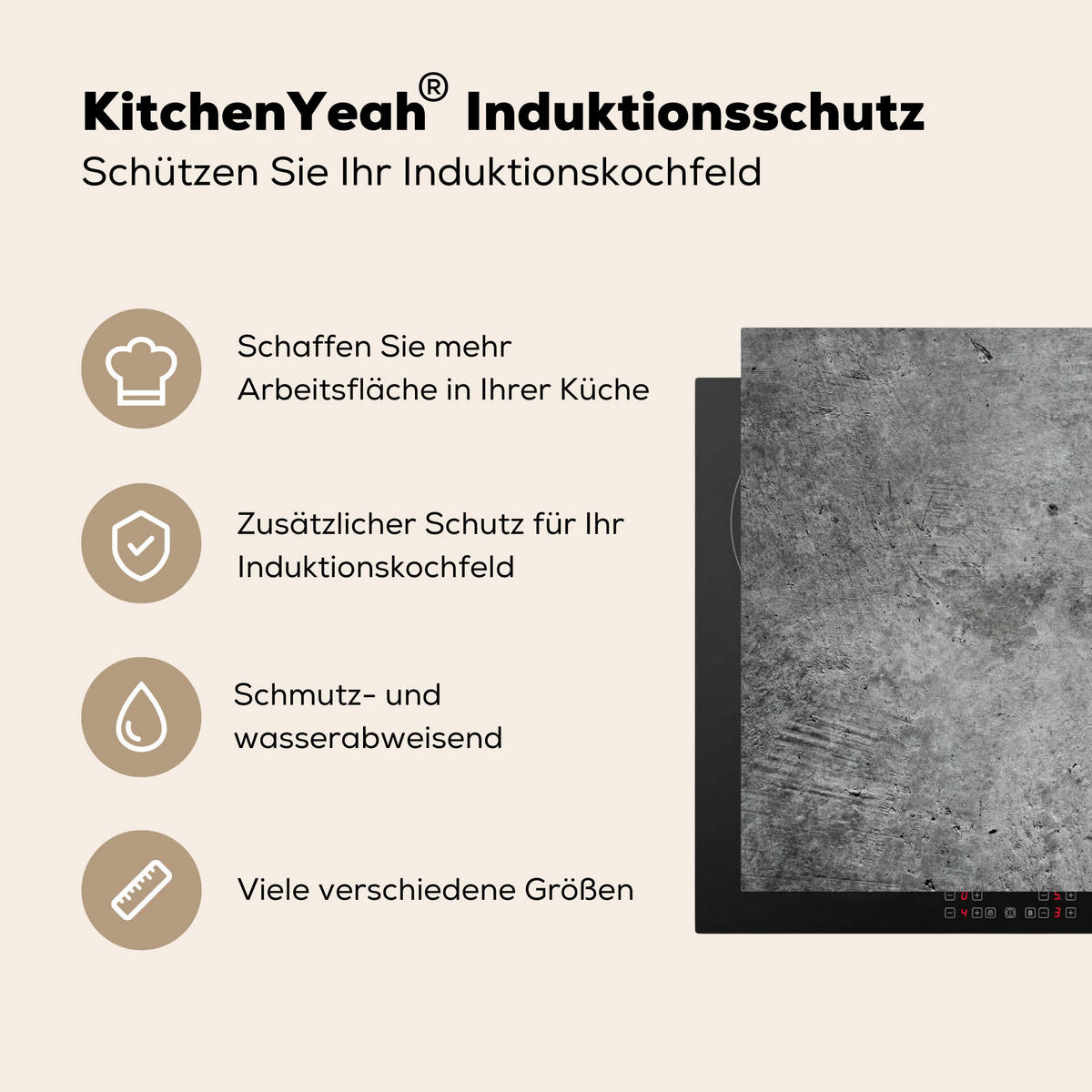 HERDABDECKPLATTE Beton - Schiefer - Grau -Betonstruktur Herdabdeckung Induktionsfeld 60x52 cm - Grau, Kunststoff (60/52/0.2cm) - MuchoWow