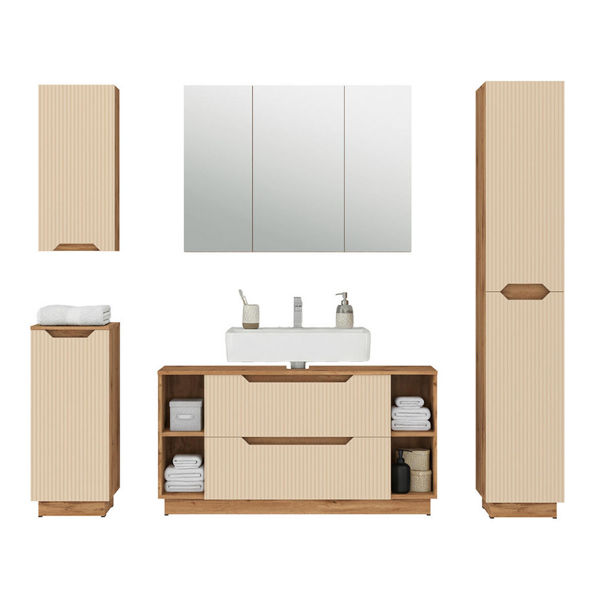 BADMÖBEL-SET Lotta Eiche/Kaschmir gestreift 5 Teile - Kaschmir, Holzwerkstoff (119.2/62.5/35cm) - Vicco