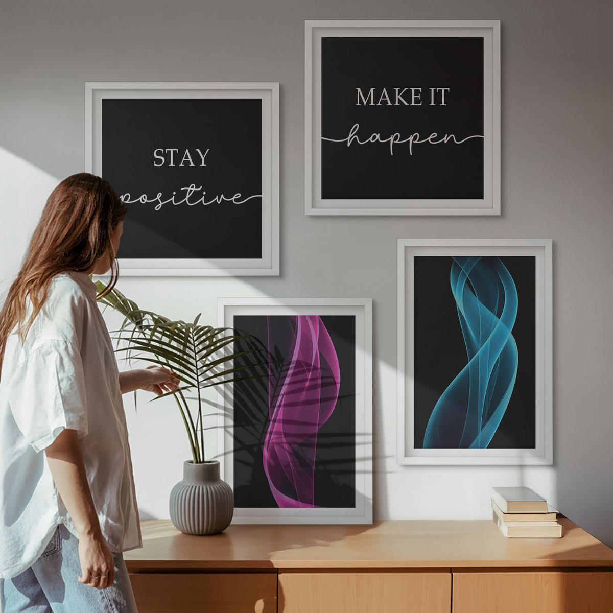 WANDBILDER 4er-Set - 50x50 cm & 40x60 cm Weißer Rahmen - Neonlinienwellen im Hintergrund - Weiß, Kunststoff (50/50cm) - ArtPrintCave