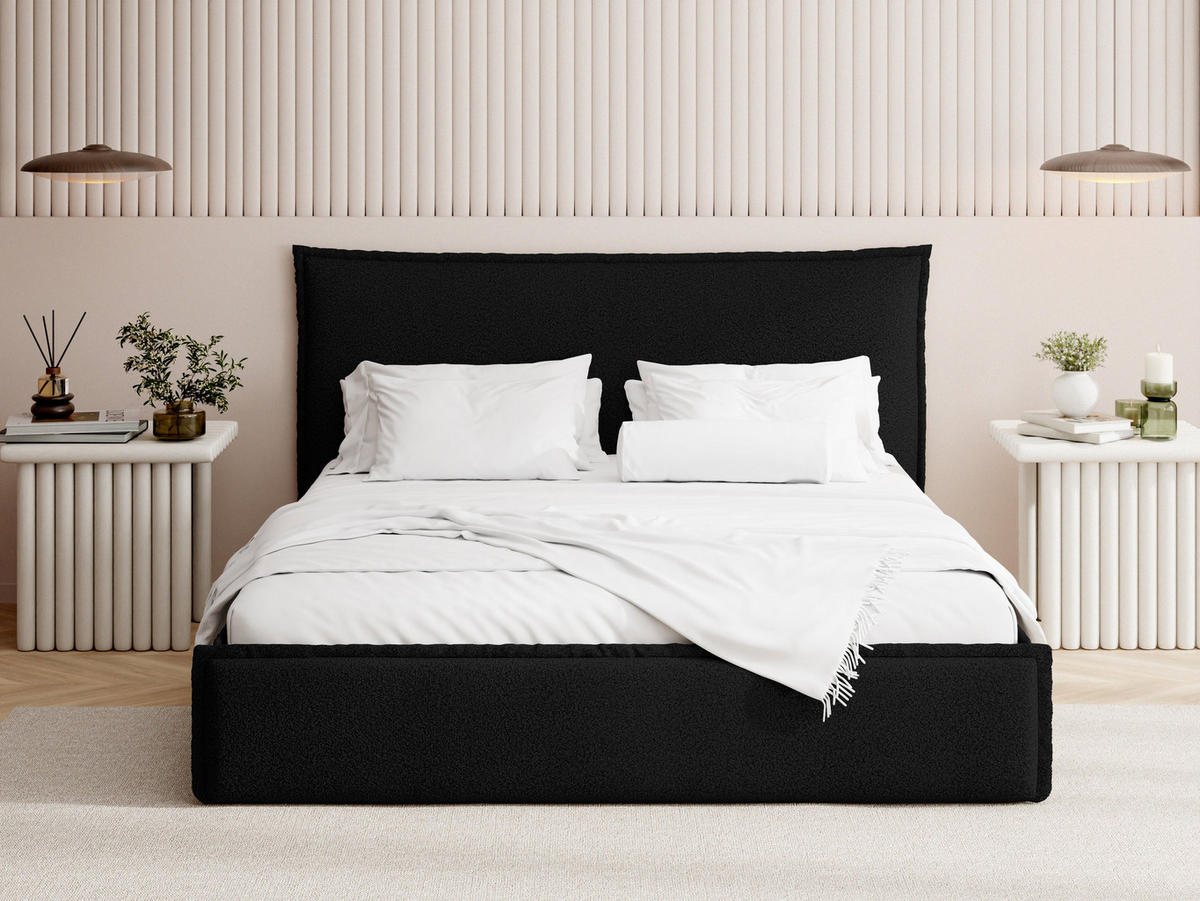 POLSTERBETT Pillow mit Bettkasten, Lattenrost & hohem Kopfteil in Schwarz Bouclé 120x200 cm - Birkefarben/Schwarz, Holz/Kunststoff (120/200cm) - WFL GROUP