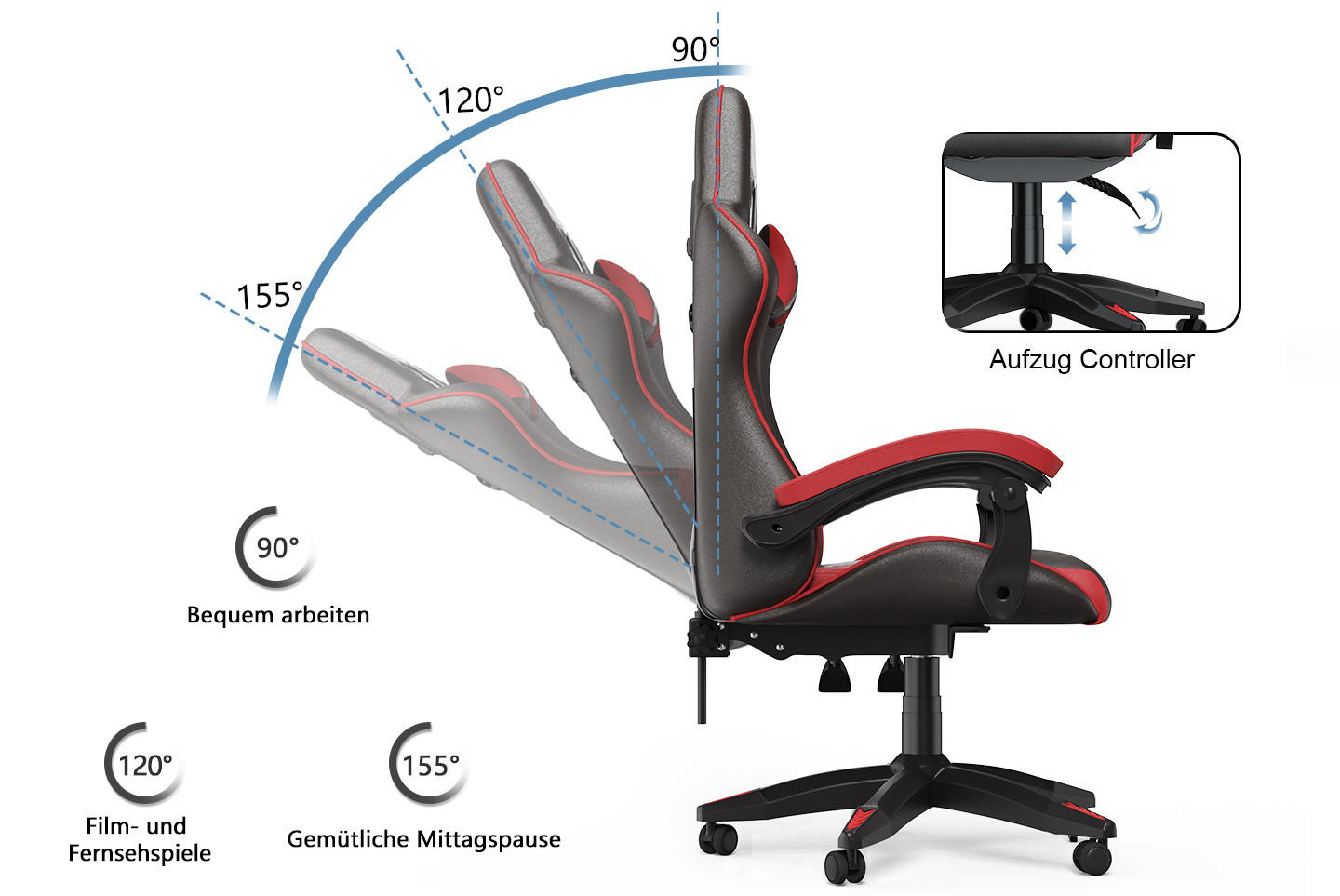 GAMING-STUHL ergonomisch, verstellbare Rückenlehne, Kissen – Schwarz/Rot - Rot, Leder (59/120/56cm) - Rattantree