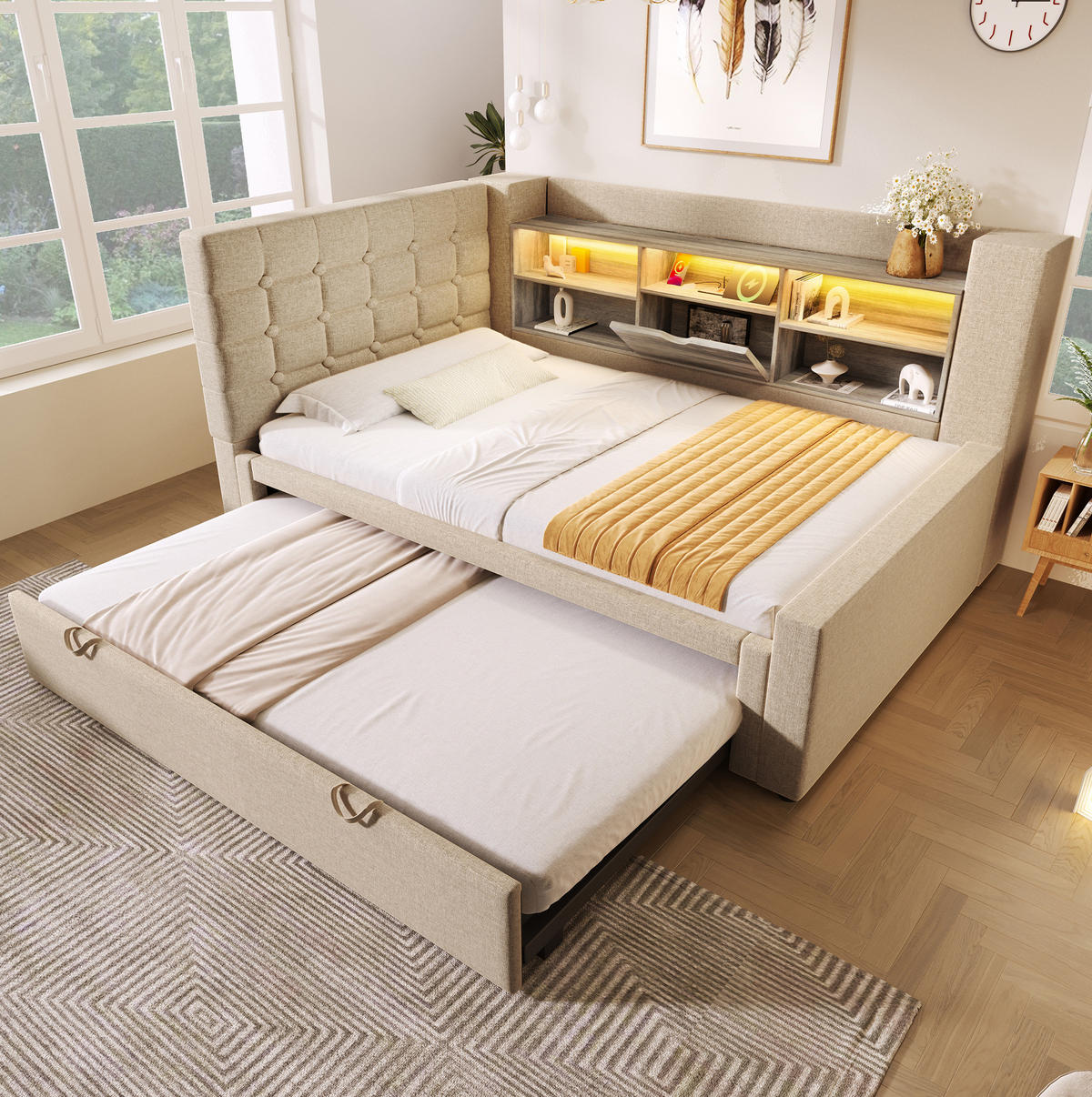 POLSTERBETT 90/180 x 200 cm Beige mit LED-Beleuchtung und USB- und Type-C-Anschlüssen - Beige, Textil (90/200cm) - Flora Grace