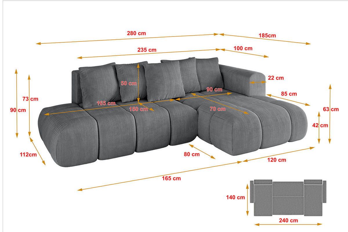 ECKSOFA Ottomane Rechts CLOUD-L-v1 280x185x90 Dunkelgrau Cord - Dunkelgrau, Holzwerkstoff/Kunststoff (185/280cm) - ALTDECOR