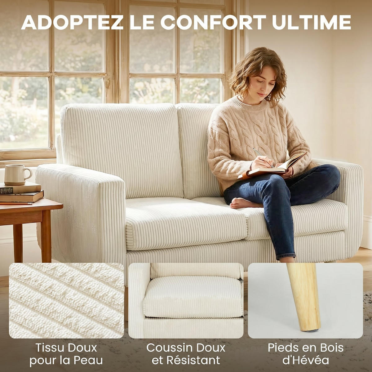 2-SITZER-SOFA DE-13516 mit Kordelsamt, Federkern Creme - Creme, Textil (74/84/134cm) - ComfortXL