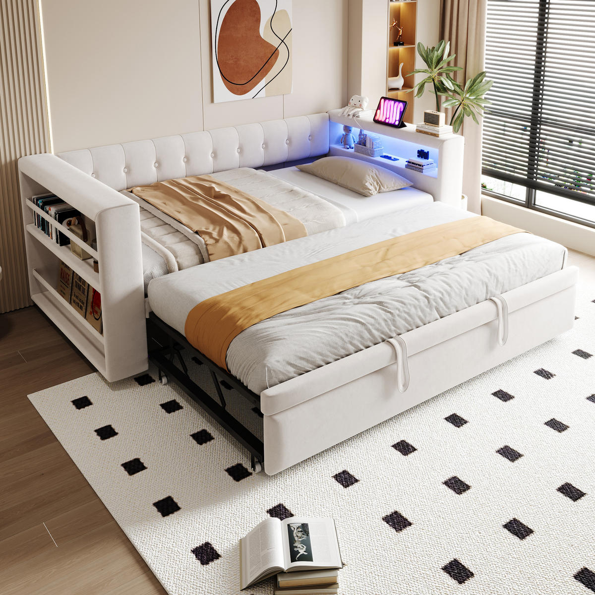 AUSZIEHBETT 90/180/190 cm DE-02084, in Beige, mit LED und Steckdosen - Beige, Metall (90/190cm) - ComfortXL