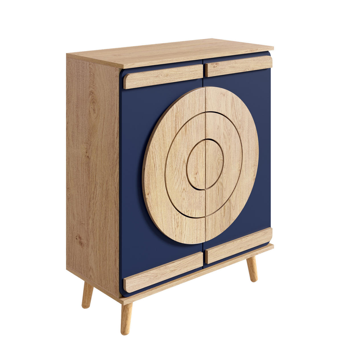 SCHUHSCHRANK 76/37/98,5 cm mit geometrischen Türen, mehrstufigem Stauraum und Holzbeinen, Blau/Natur - Naturfarben, Holzwerkstoff (76/98.5/37cm) - Redom