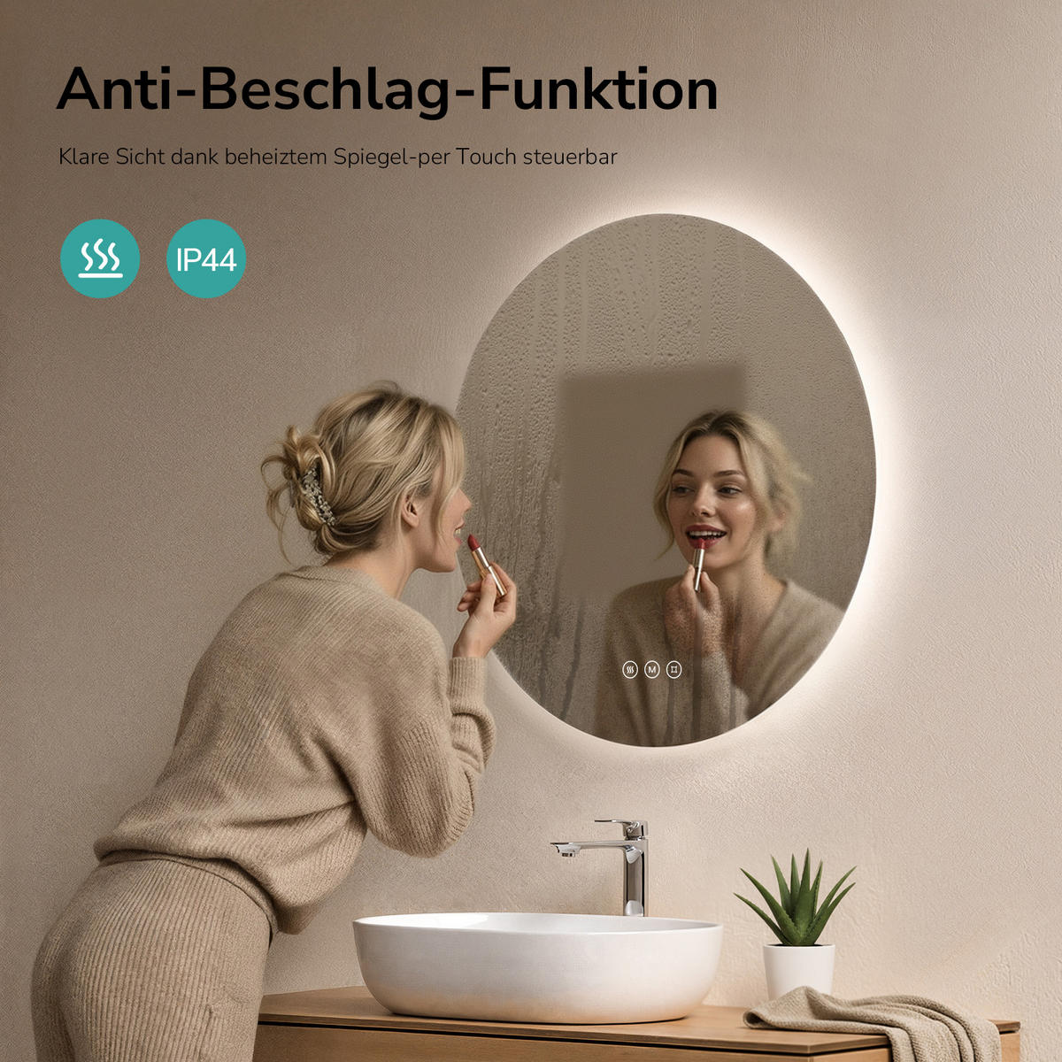 BADSPIEGEL Runder mit Antibeschlag Dreifarbige Beleuchtung ф70 cm - Weiß, Glas (70/3.5/70cm) - EMKE