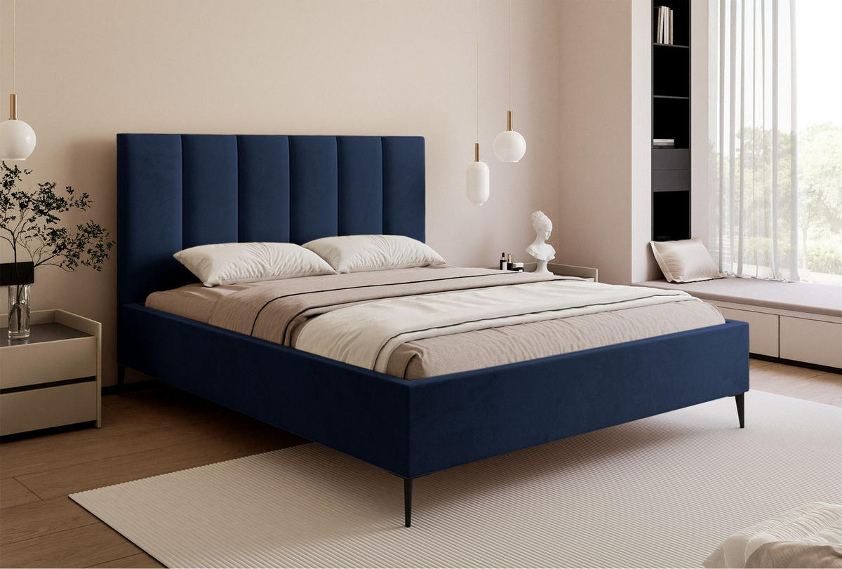 POLSTERBETT Masego Marineblau mit Metallbeinen, Velours, 160x200 cm - Schwarz/Dunkelblau, Textil/Metall (160/200cm) - Selsey