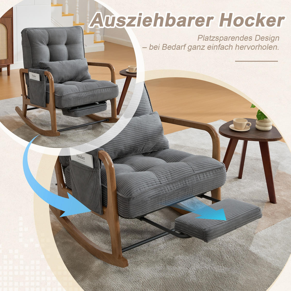 SCHAUKELSTUHL Grau Cord mit Fußstütze, Seitentaschen und verstellbarer Lehne - Grau, Textil (80/92/70cm) - Oxeza